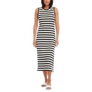Karen Kane Ribbed Black Cream Striped Sleeveless Midi Tank Column Dress M NWT